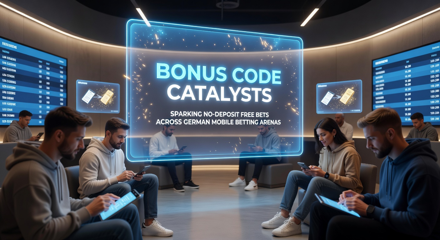 Dynamische Grafik zeigt Bonus-Code-Eingabe in einer Wett-App mit explodierenden Free-Bet-Symbolen und deutschen Ligen im Hintergrund