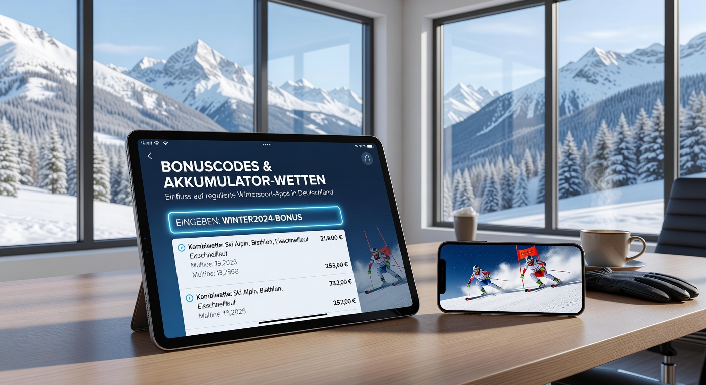 Mobile App-Oberfläche mit Bonus-Code-Eingabe für Wintersport-Akkumulatoren in einer regulierten deutschen Plattform
