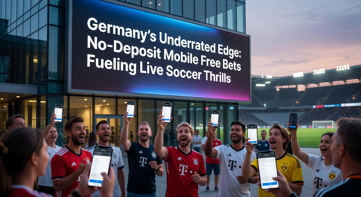 Smartphone mit Live-Fußball-App und No-Deposit-Bonus-Angebot im Vordergrund, Bundesliga-Stadion im Hintergrund