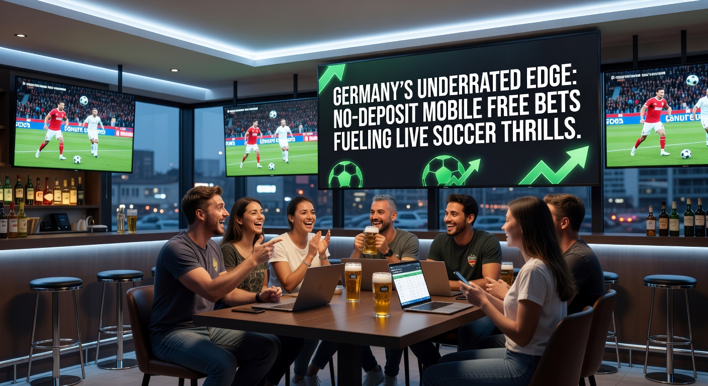 Live-Betting-Schnittstelle auf Mobile mit Free Bet-Overlay während eines Bundesliga-Spiels, Fans jubeln im Stadion