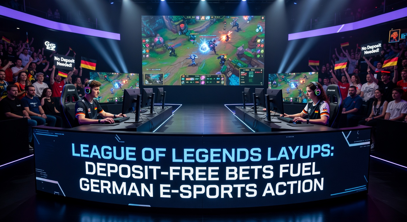 Dynamische Szene aus einem League of Legends-Match mit intensiven Kämpfen und jubelnden Fans in einer deutschen Arena